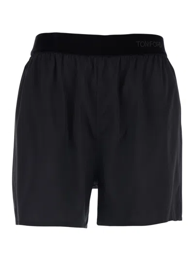 Tom Ford Black Shorts With Elastic Waist With Logo Lettering In Silk Stretch Woman
