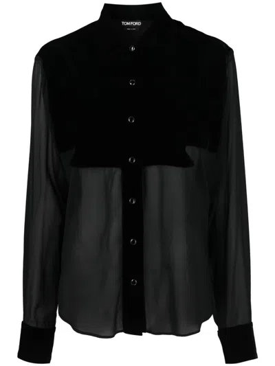 TOM FORD BLACK SILK GEORGETTE SHIRT WITH PANELLED DESIGN AND BUTTON FASTENING