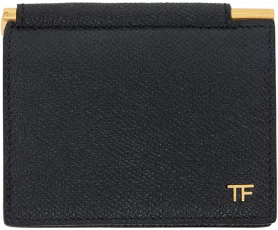 Tom Ford Black Small Grain Leather Folding Money Clip Card Holder