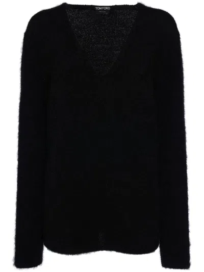 Tom Ford Black Sweater With Versatile V-neck In Animal Print
