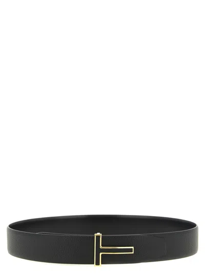 Tom Ford Calfskin With Logo Buckle Belt In Black