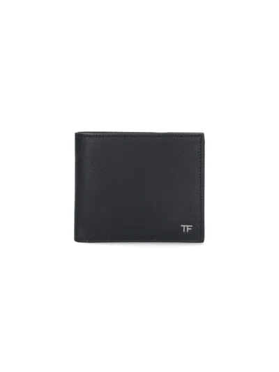 Tom Ford Black Textured Calfskin Bi-fold Wallet With Silver Logo