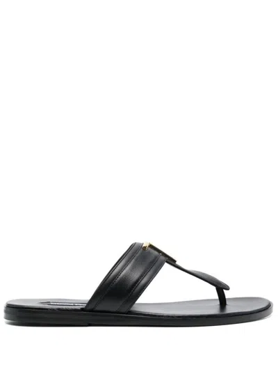 TOM FORD TOM FORD BLACK THONGS SANDALS WITH METAL T DETAIL IN LEATHER MAN