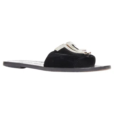 Pre-owned Tom Ford Black Velvet Silver Big Crystal Tf Embellished Flat Sandals Eu38