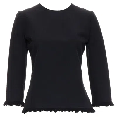 Pre-owned Tom Ford Black Virgin Wool Cotton Fringe Trim Crop Sleeved Fitted Top It36 Xxs