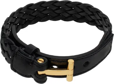 Tom Ford Black Woven Leather T Bracelet