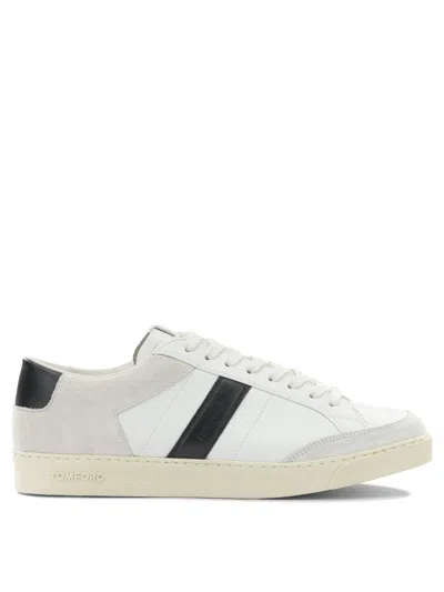 Tom Ford Panelled Suede And Grained Leather Sneakers In White