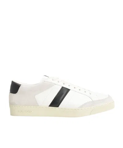 Tom Ford Panelled Suede And Grained Leather Sneakers In White