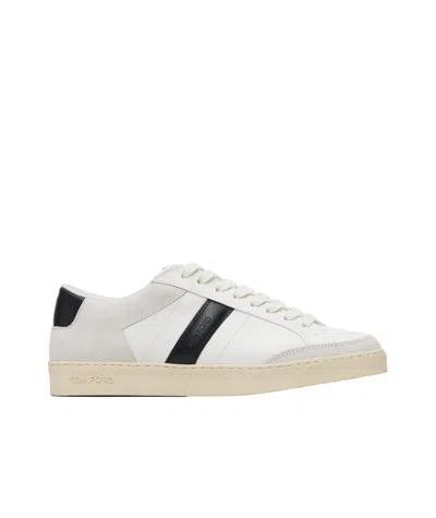Tom Ford Panelled Suede And Grained Leather Sneakers In White