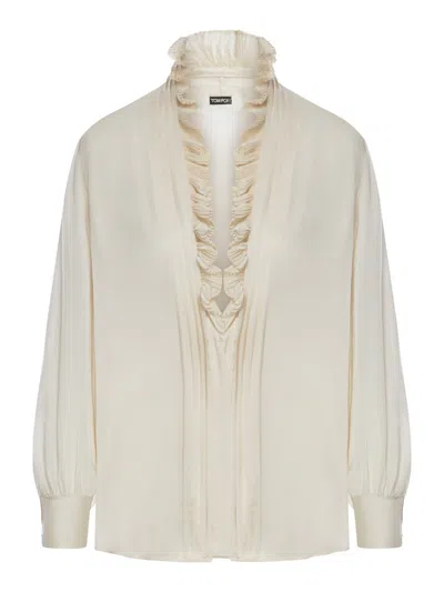 Tom Ford Silk Georgette Long Sleeve V-neck Blouse In Off-white
