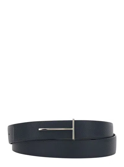 Tom Ford Blue Belt With T Buckle Closure In Leather Man In Brown