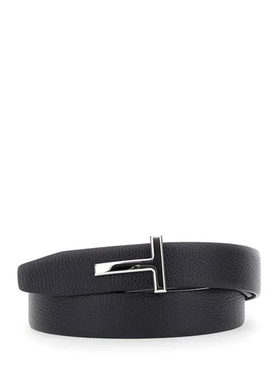 Tom Ford Blue Belt With T-plaque On The Front In Grained Leather Man
