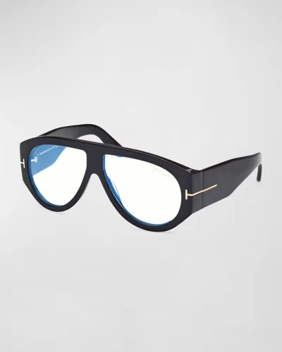 Tom Ford Blue Blocking Acetate Aviator Glasses In Shiny Black Blue Block Lenses