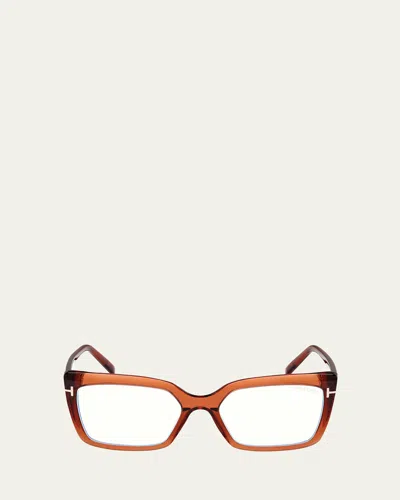 Tom Ford Blue Blocking Acetate Rectangle Glasses In 55048 - Marrone Scuro Luc