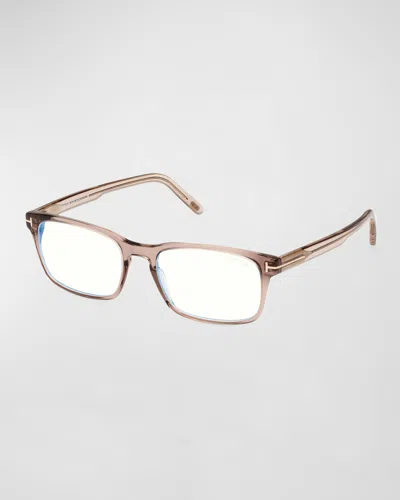 Tom Ford Blue Blocking Keyhole Acetate Rectangle Glasses In Shiny Transp Light Sand