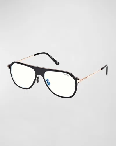 Tom Ford Blue Blocking Mixed-media Aviator Sunglasses In Shiny Black Blue Block Lenses