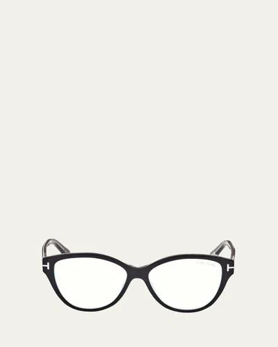 Tom Ford Blue Blocking Rounded Acetate Cat-eye Glasses In Shiny Black Crystal