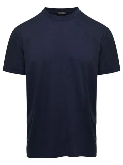 TOM FORD BLUE CREW NECK T-SHIRT WITH EMBROIDERED LOGO IN COTTON BLEND MAN