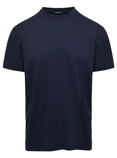Tom Ford Blue Crew Neck T-shirt With Embroidered Logo In Cotton Blend Man In Multicolor