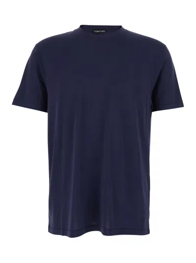 Tom Ford Blue Crewneck T-shirt With Logo Embroidery On The Front In Cotton Blend Man