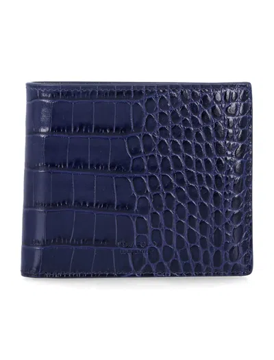 TOM FORD TOM FORD BLUE CROC-EFFECT LEATHER BI-FOLD WALLET