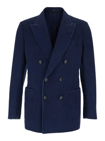 Tom Ford Blue Double-breasted Jacket With Peak Revers In Cotton Man