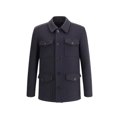 Tom Ford Blue Fleece Wool Coat In Black