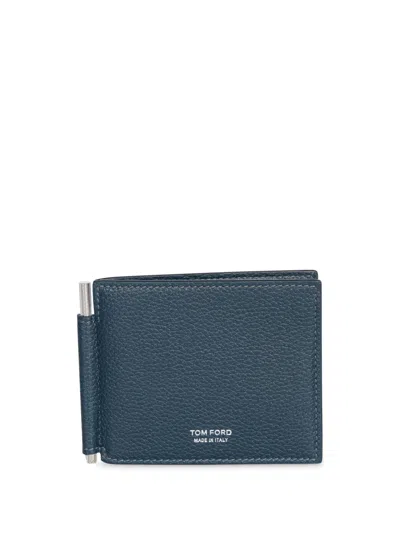 Tom Ford Blue Grained Leather Money Clip Wallet