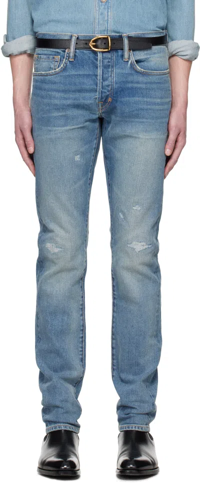 Tom Ford Blue Selvedge 'rip And Repair' Straight Fit Jeans
