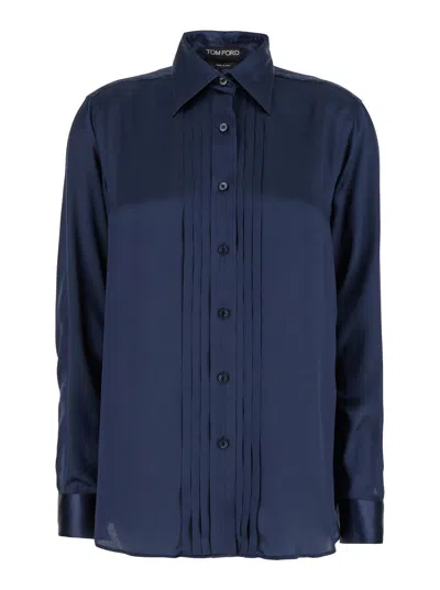 Tom Ford Blue Shirt With Pleats In Fluid Silk Woman In Multicolor
