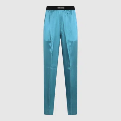 Tom Ford Blue Silk Blend Trousers In Blue Teal