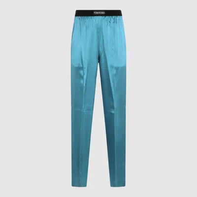 Tom Ford Silk Satin Relaxed Pijama Trousers Waistband In Blue