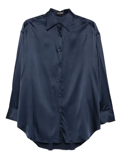 Tom Ford Relaxed Fit Stretch Silk Satin Blouse In Blue