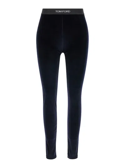 Tom Ford Blue Stretch Lustrous Velour Signature Leggings In