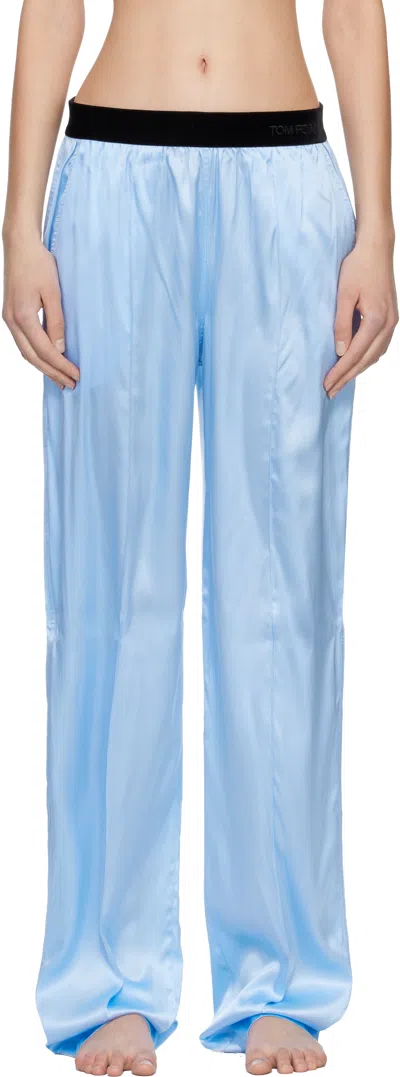 Tom Ford Blue Stretch Silk Satin Pj Lounge Pants