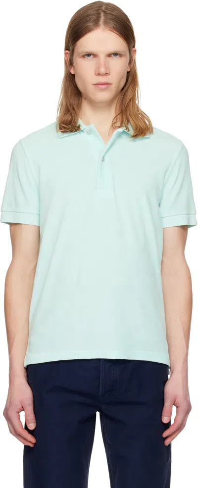 Tom Ford Blue Towelling Short Sleeve Polo In Green