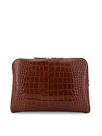 Tom Ford Crocodile Print Leather Laptop Pouch In Brown
