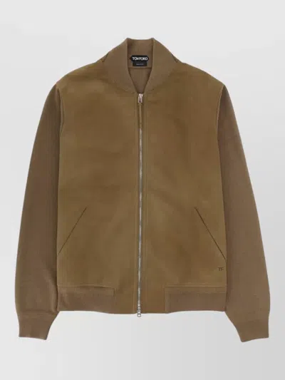 Tom Ford Bomber Jacket Contrast Sleeves Front Pockets Ribbed Hem In Brown