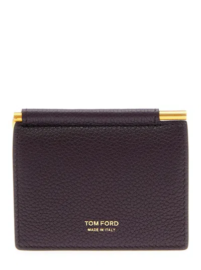 Tom Ford Bordeaux Bi-fold Wallet With Embossed Logo Lettering On The Front In Grained Leather Man In Brown