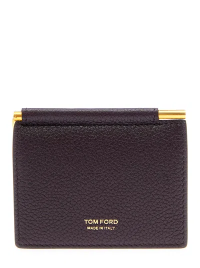 Tom Ford Bordeaux Bi-fold Wallet With Embossed Logo Lettering On The Front In Grained Leather Man In Purple