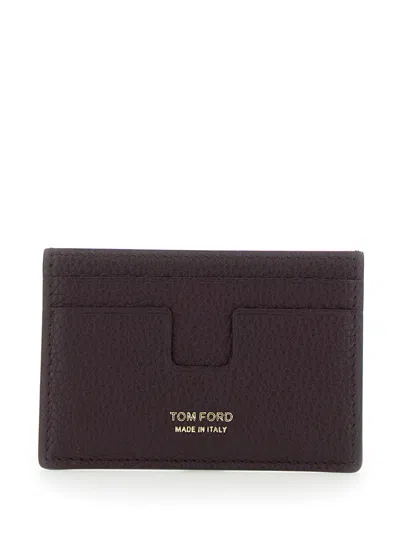 Tom Ford Bordeaux Card Holder With Embossed Logo Lettering On The Front In Grained Leather Man In Brown
