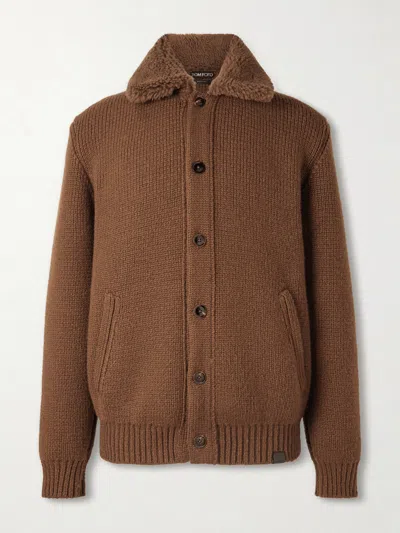 Tom Ford Bouclé-trimmed Ribbed Cashmere Cardigan In Brown