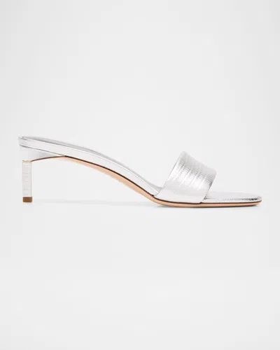 Tom Ford Boutique 55mm Embossed Metallic Leather Kitten-heel Mules In Silver