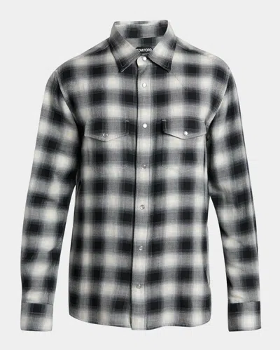 Tom Ford Boutique Men & Apos;s Twill Overcheck Snap-front Western Shirt In Black