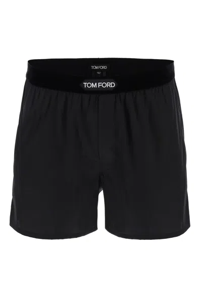 Tom Ford Velvet-trimmed Stretch-silk Satin Boxer Shorts In Black