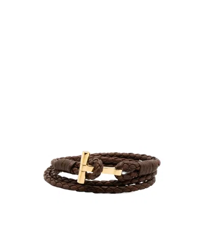 Tom Ford Braided-band Leather Bracelet In Brown