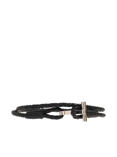 Tom Ford Black Braided Leather T Bracelet In Brown