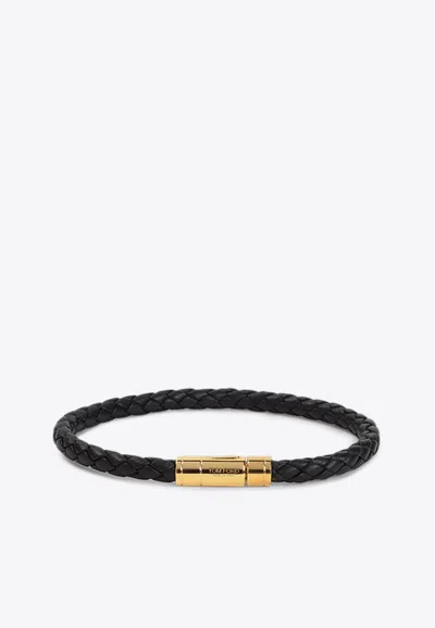 Tom Ford Tubular Clasp Braided Leather Bracelet In Black