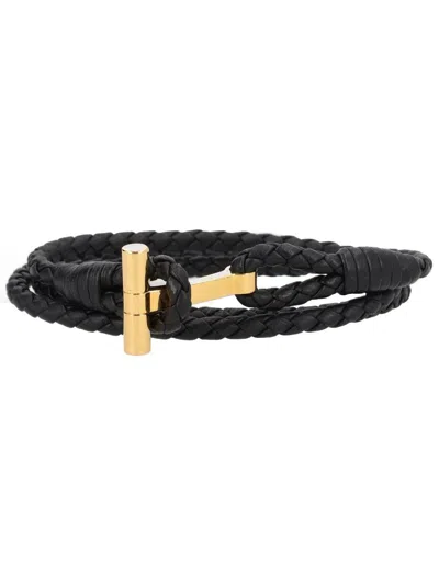 Tom Ford Leather T-plate Woven Bracelet With Braided Pattern In Brown