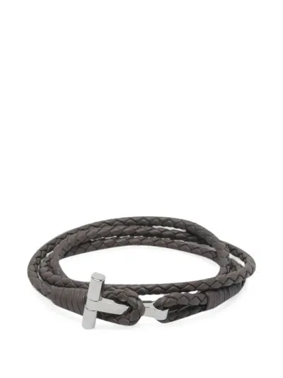 Tom Ford Braided Leather Bracelet In Grey